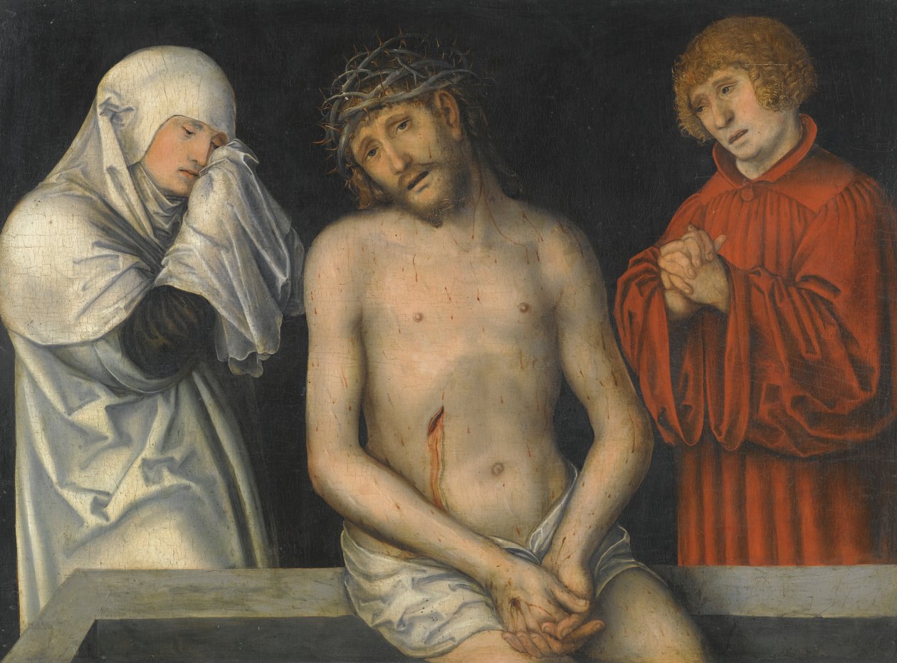 Niemiecki: Der Schmerzensmann zwischen Maria und Johannes Człowiek Boleści flankowany przez Dziewicę i św. Jana autorstwa Lucas Cranach the Younger