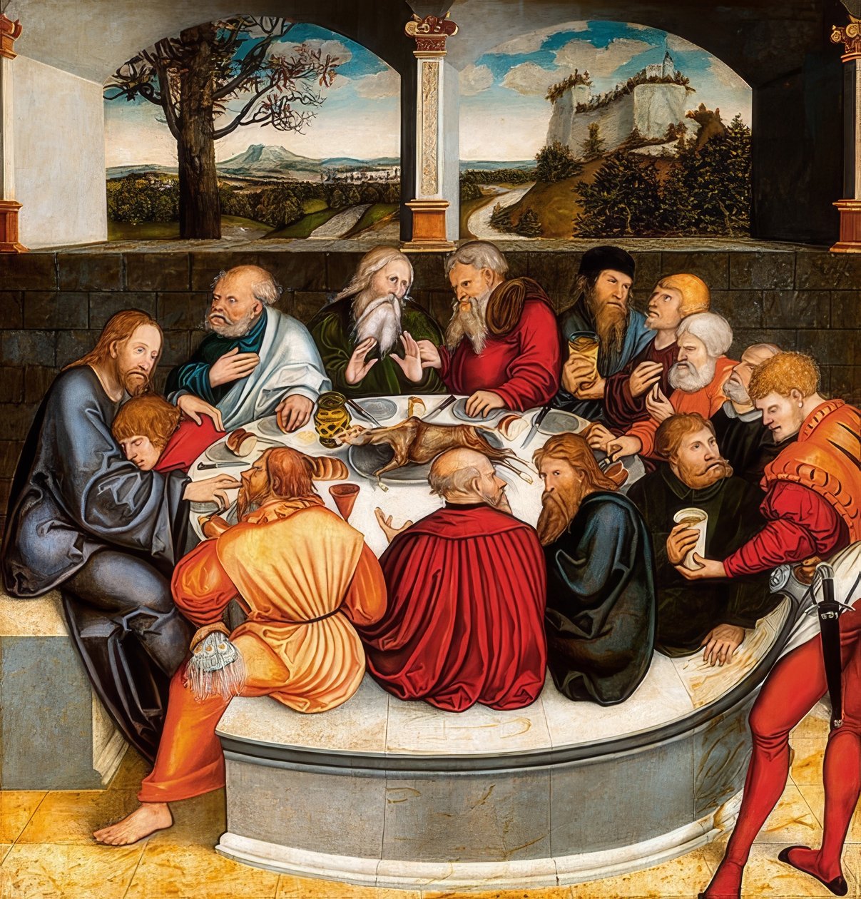 Ołtarz reformacyjny, panel środkowy z przodu: Marcin Luter wśród apostołów na Wieczerzy Pańskiej. 1546/47 autorstwa Lucas Cranach the Younger