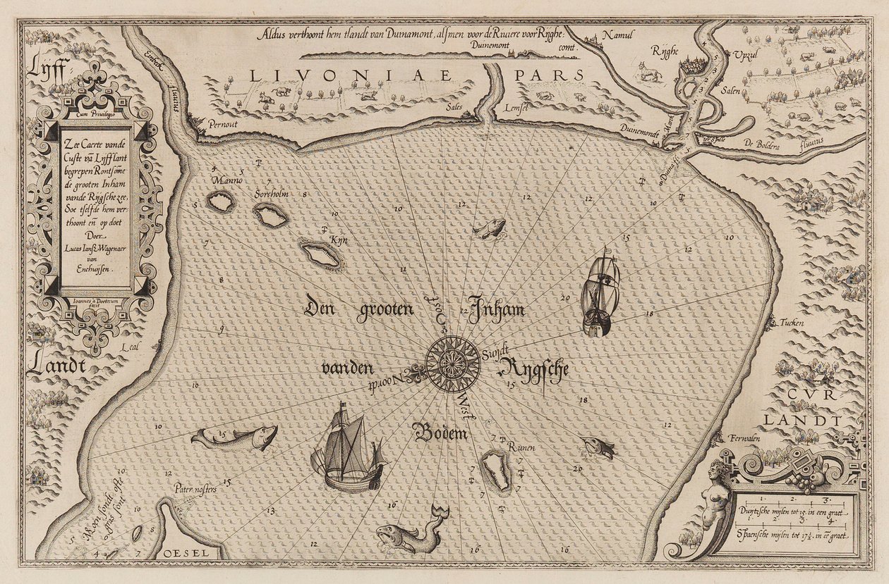 Mapa morska Zatoki Ryskiej, Kartografia. autorstwa Lucas Jansz. Waghenaer