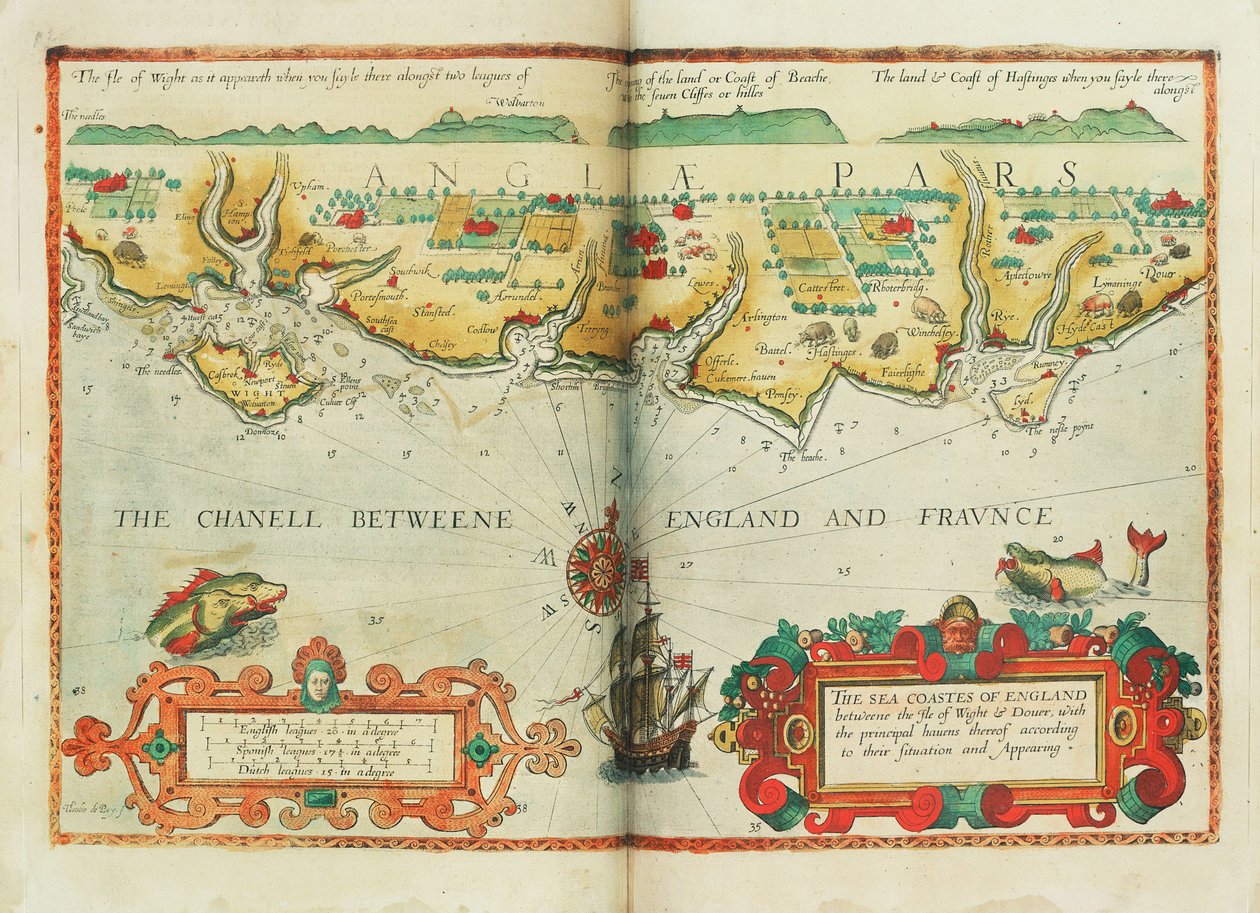 Wybrzeża morskie Anglii między wyspą Wight a Dover, z ich głównymi przystaniami według ich położenia i wyglądu, ok. 1588 r. (mapa) autorstwa Lucas Janszoon Waghenaer