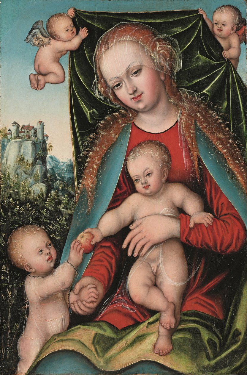Najświętsza Dziewica z Dzieciątkiem z Dzieciątkiem św. Janem Chrzcicielem i Aniołami, leśny krajobraz z fortecą na klifie, ok. 1512 r. (olej na desce) autorstwa Lucas The Elder (studio of) Cranach