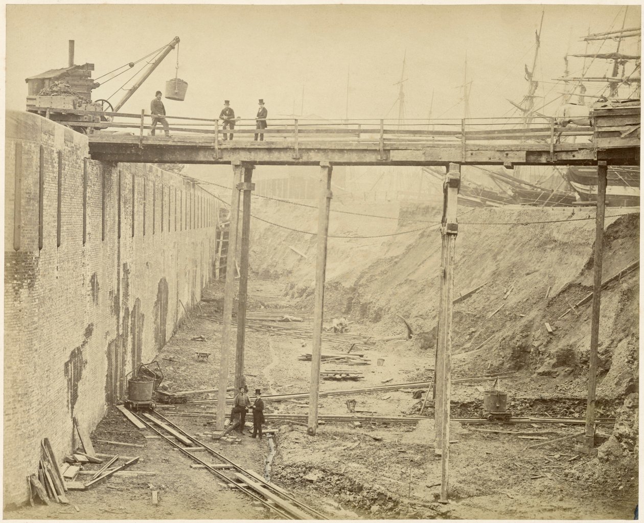 Budowa rozbudowanego basenu Limehouse, Londyn, maj 1869 autorstwa Lucas and Tuck