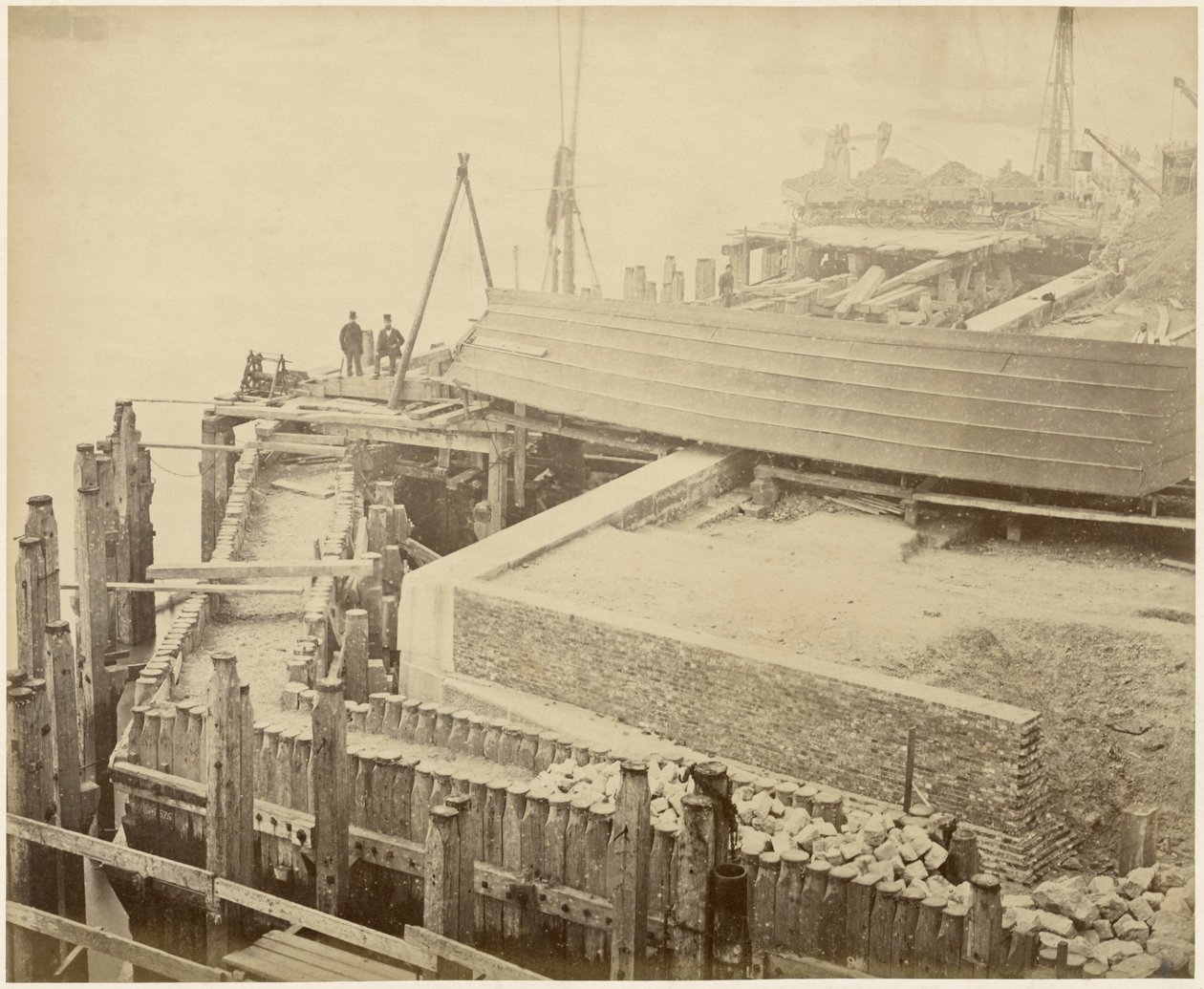 Budowa rozbudowanego basenu Limehouse, Londyn, maj 1869 autorstwa Lucas and Tuck