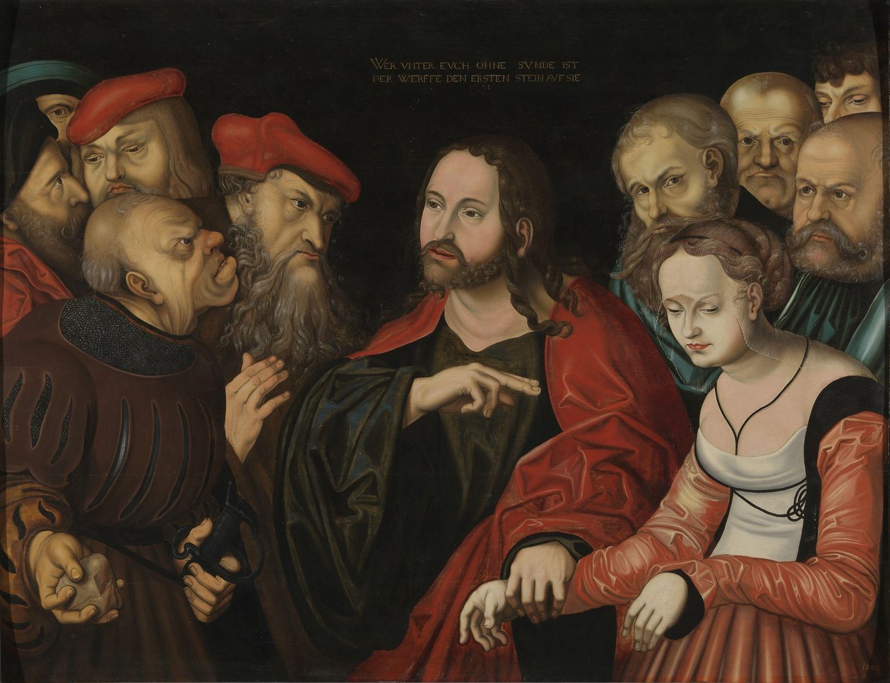 Chrystus i kobieta przyłapana na cudzołóstwie, ok. 1700 r. (olej na drewnie) autorstwa Lucas the Elder (after) Cranach