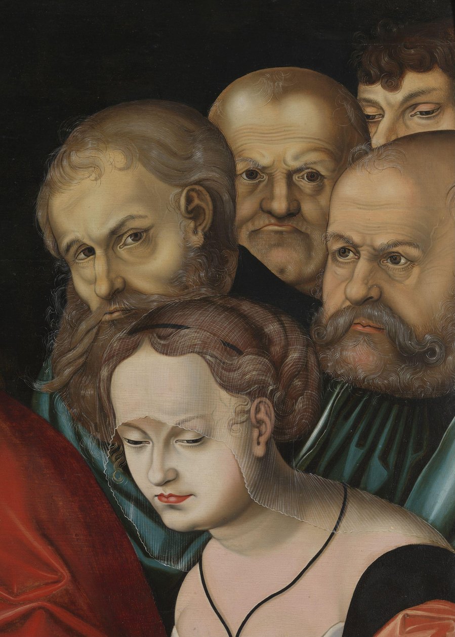 Chrystus i kobieta przyłapana na cudzołóstwie, fragment, ok. 1700 r. (olej na drewnie) autorstwa Lucas the Elder (after) Cranach