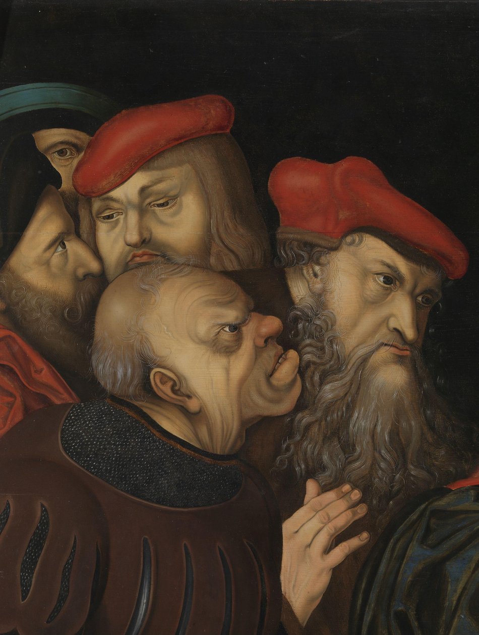 Chrystus i kobieta przyłapana na cudzołóstwie, fragment, ok. 1700 r. (olej na drewnie) autorstwa Lucas the Elder (after) Cranach