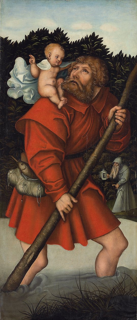 Św. Krzysztof niosący Dzieciątko Jezus; i Archanioł Michał trzymający Wagę Sprawiedliwości (olej na panelu) autorstwa Lucas the Elder (workshop of) Cranach
