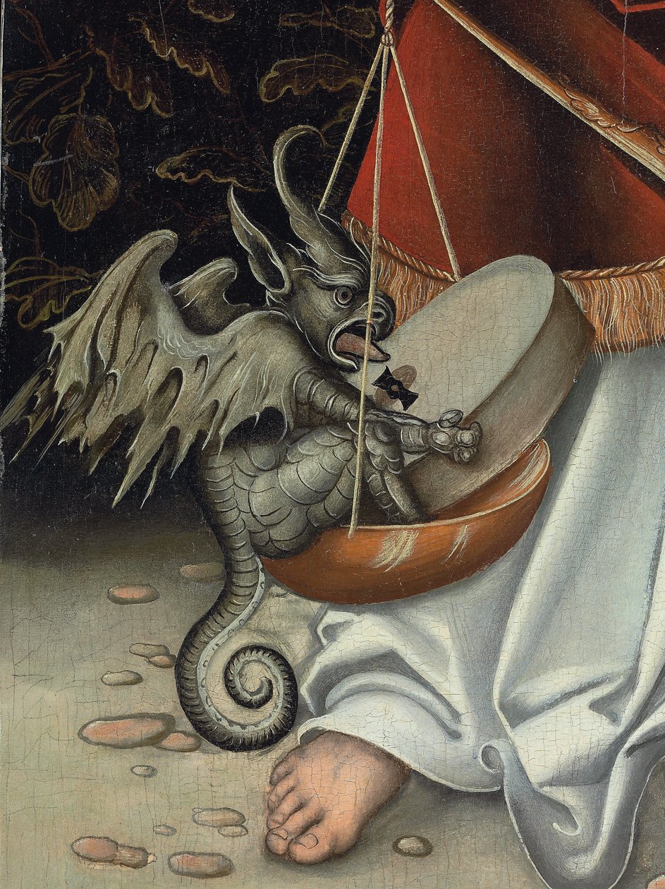 Archanioł Michał trzymający Wagę Sprawiedliwości (detal) (olej na panelu) autorstwa Lucas the Elder (workshop of) Cranach