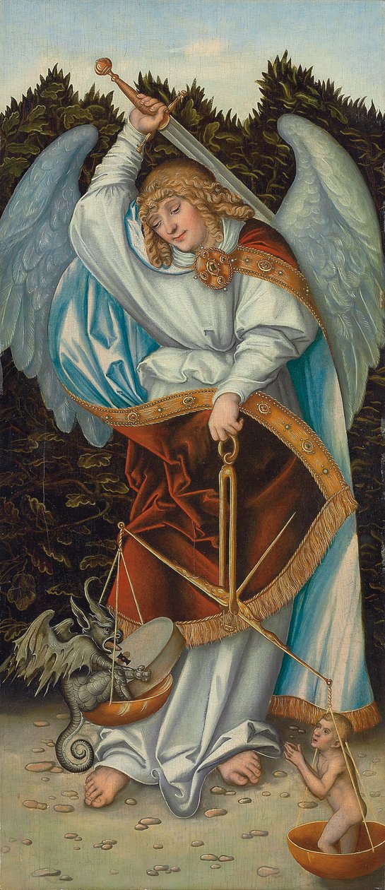 Archanioł Michał trzymający Wagę Sprawiedliwości (olej na panelu) autorstwa Lucas the Elder (workshop of) Cranach