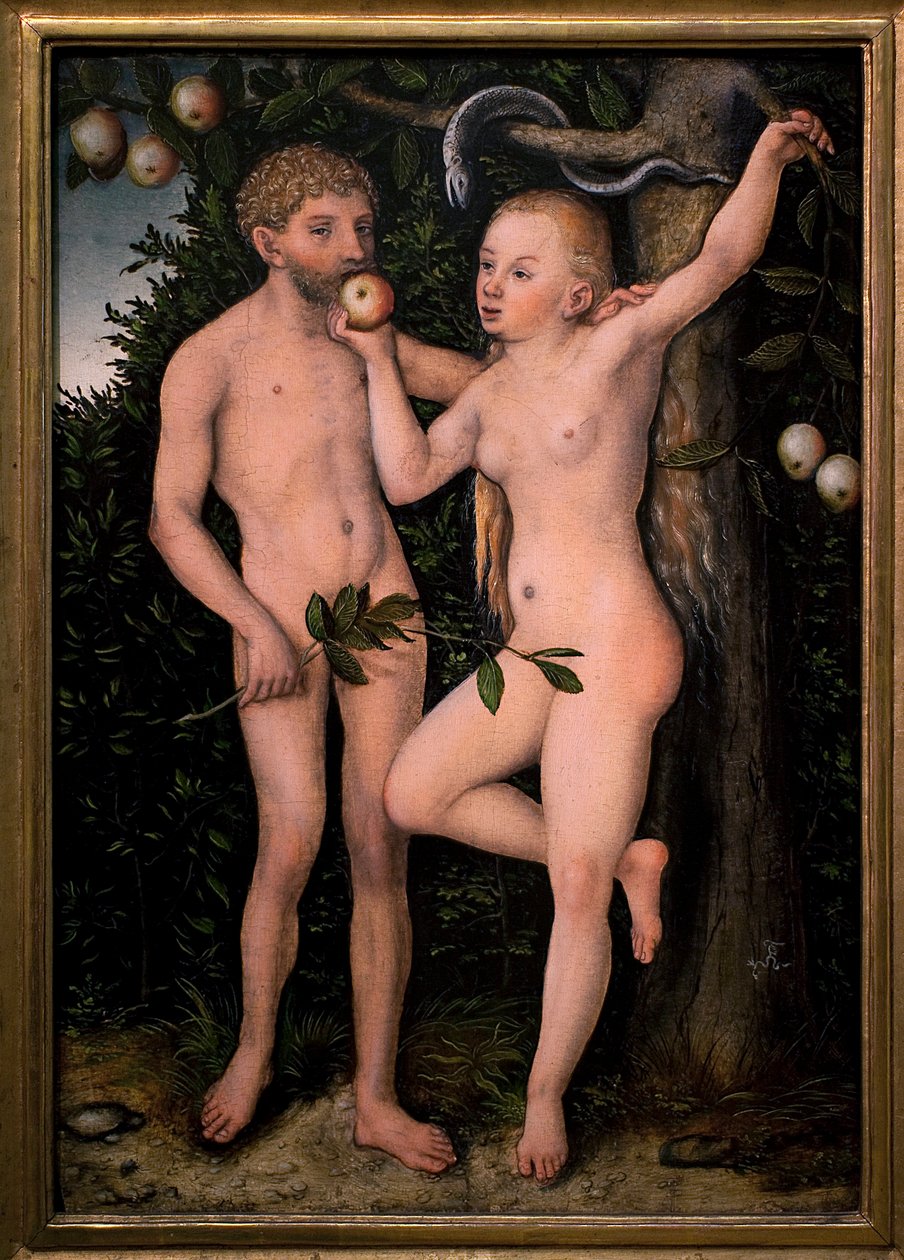 Adam i Ewa. Obraz Lucasa Cranacha pierwszego (1472-1553), ok. 1538. Sztuka flamandzka XVI wiek. Galeria Narodowa, Pałac Sternberg, Praga (Czechy). autorstwa Lucas the Elder Cranach