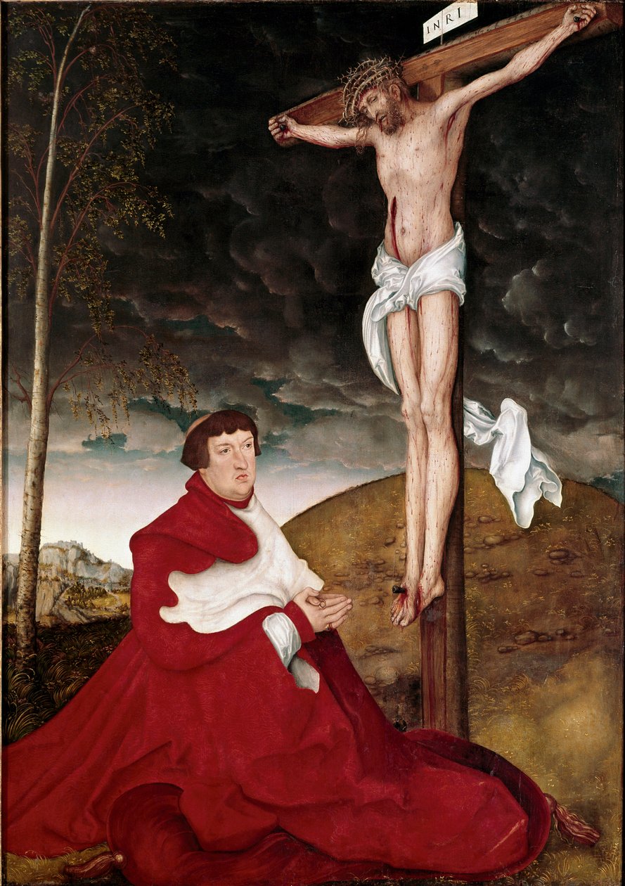 Kardynał Albert von Brandenburg adorujący Krucyfiks Obraz Lucasa Cranacha Starszego (1472-1553) autorstwa Lucas the Elder Cranach