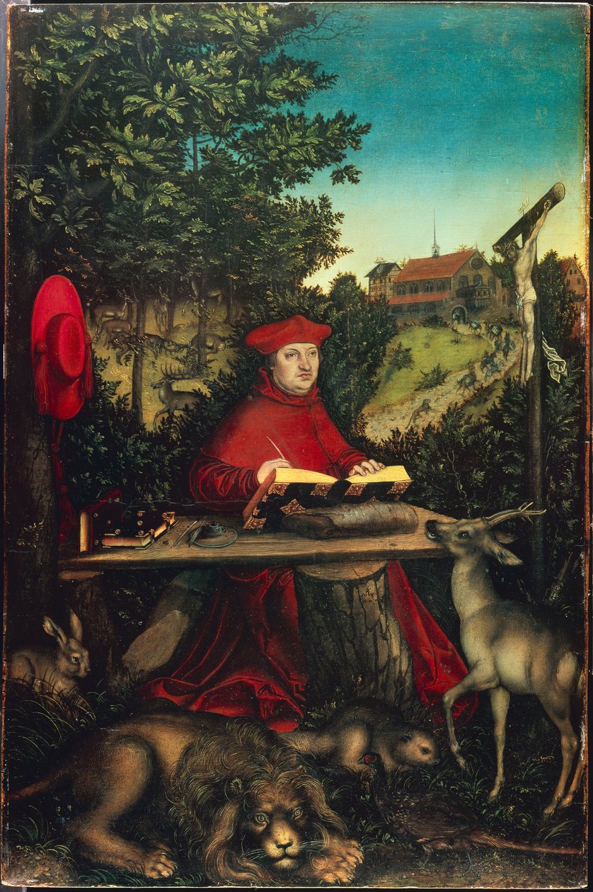 Kardynał Albrecht Brandenburgii (1490-1545) jako św. Hieronim, przez Cranacha, Lucasa Starszego (1472-1553). Olej na drewnie autorstwa Lucas the Elder Cranach