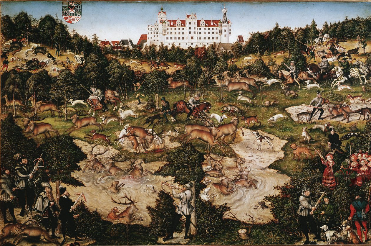 Polowanie na cześć Karola V na zamku Torgau (malarstwo autorstwa Lucas the Elder Cranach