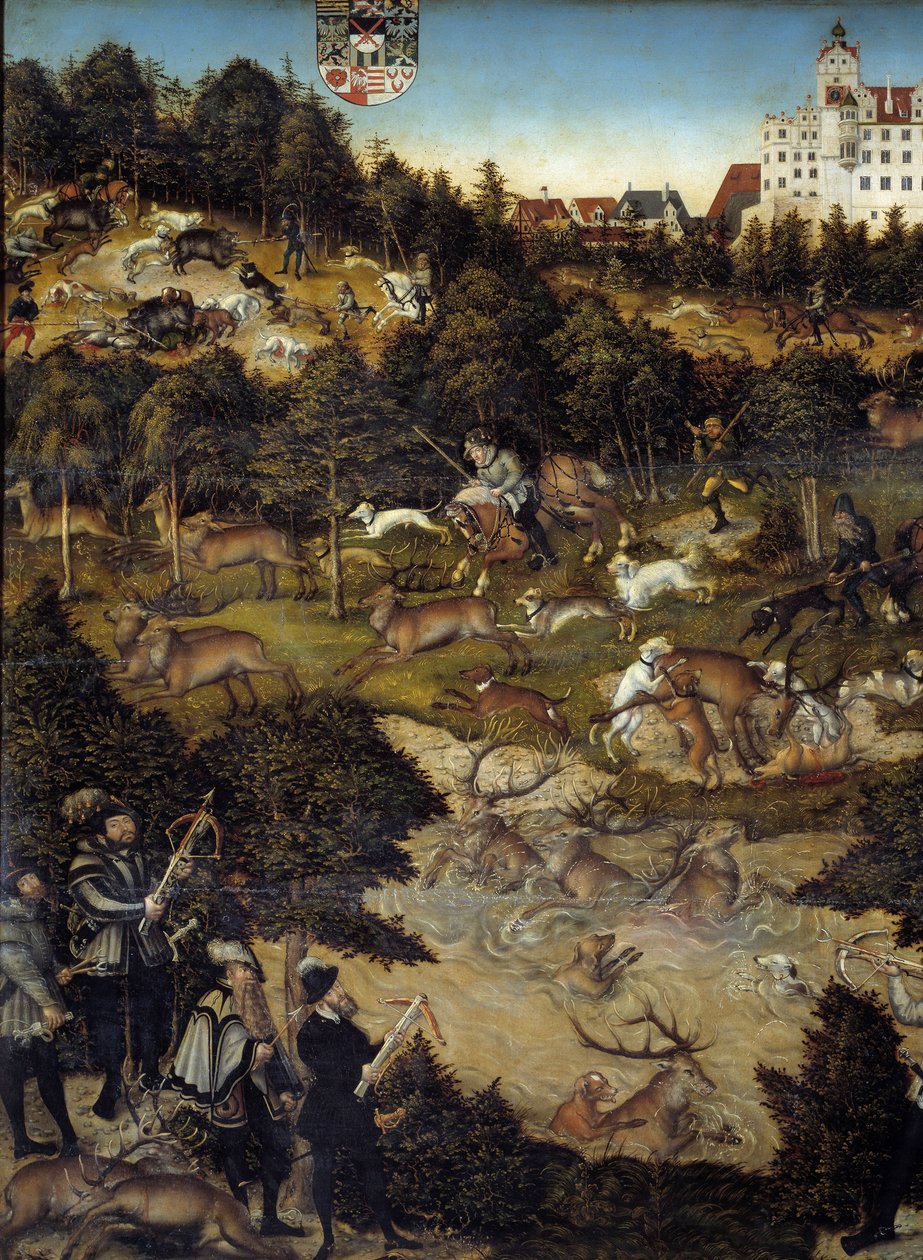 Polowanie na cześć Karola V na zamku Torgau (Niemcy). Szczegół. Cesarz jest prawdopodobnie przedstawicielem na dole trzymającym kuszę. Obraz Lucasa Cranacha (1472-1553) autorstwa Lucas the Elder Cranach