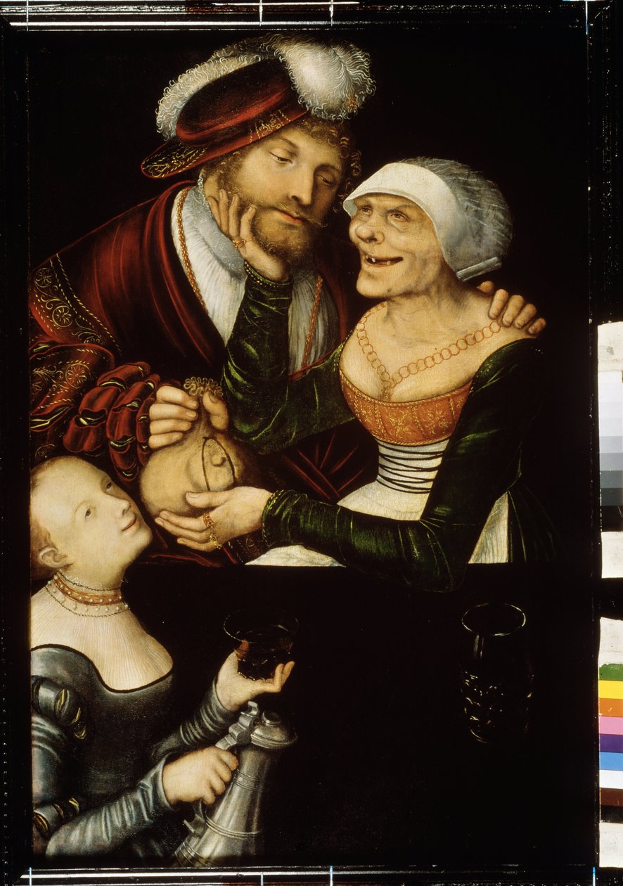"Nabywca" Bezzębny stary alfons bierze portfel klienta w zamian za rozmowę z prostytutką. Obraz Lucasa Cranacha Starszego (1472-1553) około 1530 r. Państwowe Muzeum Sztuki Gruzińskiej, Tiflis (Tbilisi) Gruzja autorstwa Lucas the Elder Cranach