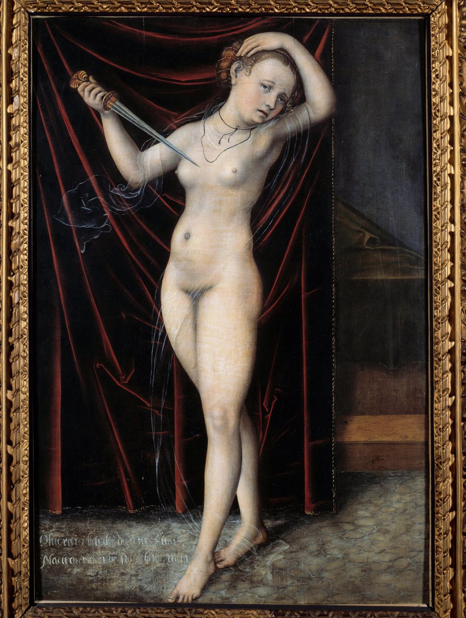 Lukrecja dająca sobie śmierć Samobójstwo Lukrecji, rzymskiej damy z VI wieku p.n.e. Obraz Lucasa Cranacha (1472-1553) XVI wiek. Besancon, Muzeum Sztuk Pięknych autorstwa Lucas the Elder Cranach