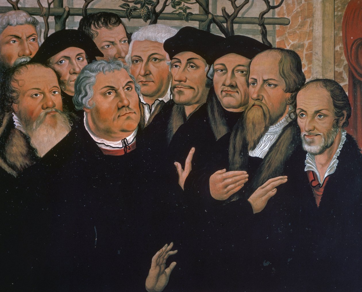 Marcin Luter z przedstawicielami reformacji protestanckiej, po prawej Melanchton, w centrum Erazm z Rotterdamu, fragment ze Zmartwychwstania Łazarza, obraz Lucasa Cranacha Starszego (1472-1553) autorstwa Lucas the Elder Cranach