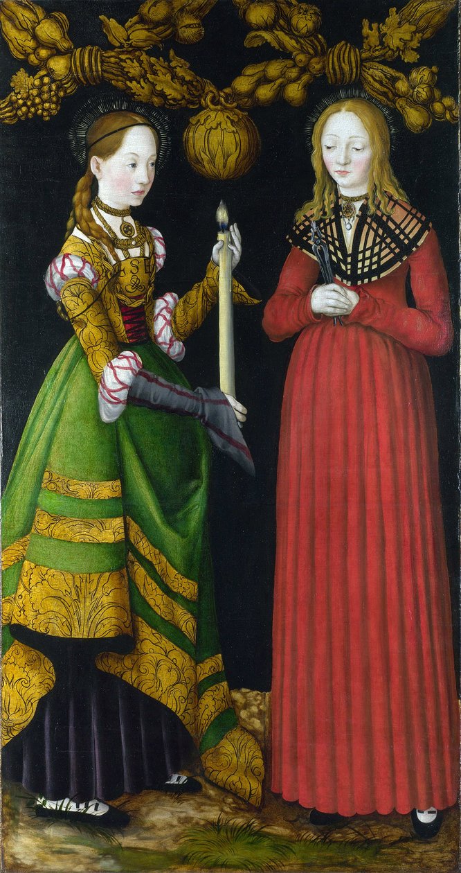 Saint Genevieve i Saint Apolline (lub Apollonia) (Święci Genevieve i Apollonia). Święta Genevieve (423-502 lub 512), patronka miasta Paryża. Święta Apollonia (lub Apollonia) Aleksandryjska (zm. 249), męczennica i patronka dentystów. Malowanie autorstwa Lucas the Elder Cranach