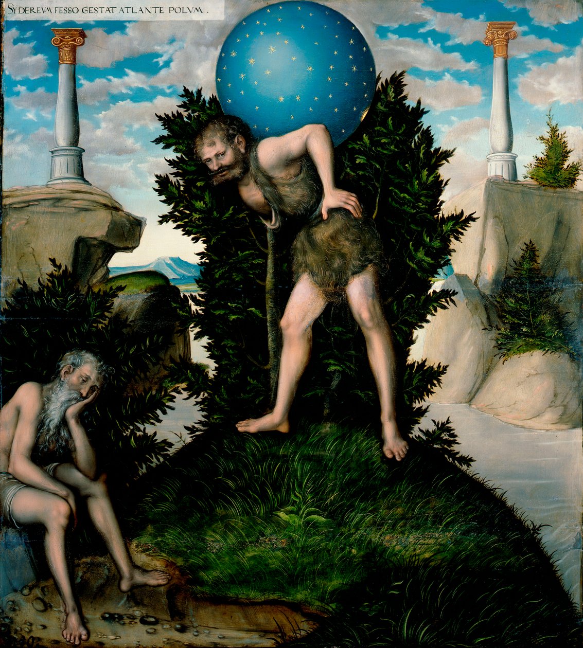 Prace Herkulesa (Heraklesa): Herkules niosący na ramionach niebiańskie sklepienie Atlasa - Atlas i Herkules (Z Prac Herkulesa) - Cranach, Lucas, Starszy (1472-1553) - po 1537 - Olej na drewnie - 109,7x98 .8 - Muzeum Herzoga Antona Ulricha, Brauns autorstwa Lucas the Elder Cranach
