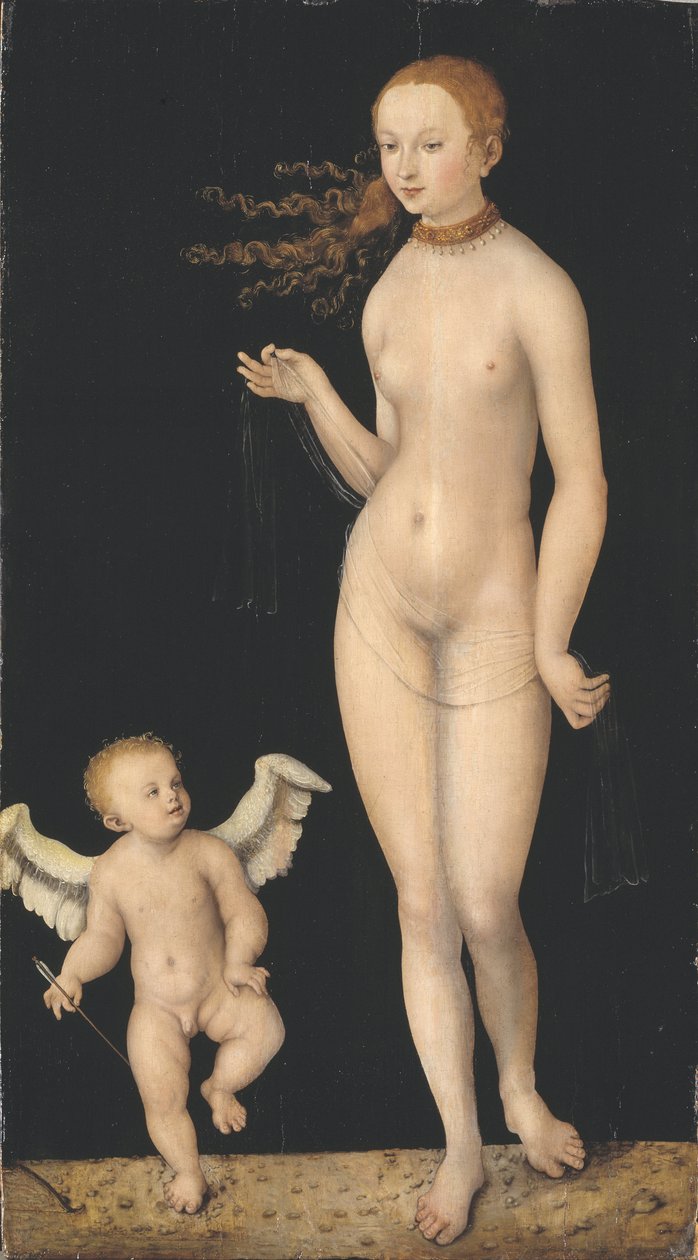 Venus et Cupidon - Wenus i Kupidyn, autorstwa Cranacha, Lucasa Starszego (1472-1553). Olej na drewnie. Wymiar : 90x49,5 cm. Muzeum Narodowe w Sztokholmie autorstwa Lucas the Elder Cranach
