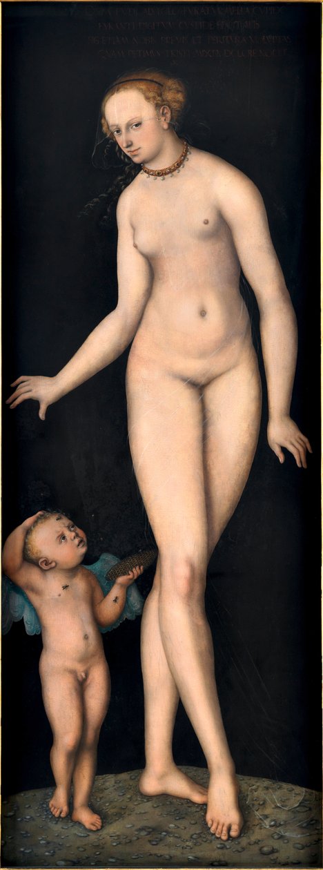 Wenus z Kupidynem, złodziejem miodu, autorstwa Cranacha, Lucasa Starszego (1472-1553). Olej na drewnie, po 1537. Wymiar: 175,4x66,3 cm. Germanisches Nationalmuseum, Norymberga autorstwa Lucas the Elder Cranach