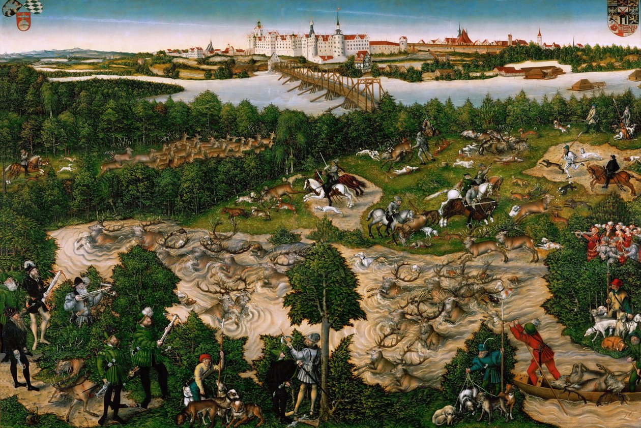 Polowanie na cześć cesarza Karola V w pobliżu zamku Hartenfels, Torgau autorstwa Lucas the Younger Cranach