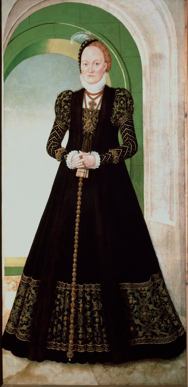 Portret Anny Duńskiej (1532-1585) Żona księcia elektora Saksonii Augusta (1526-1586) Obraz Lucasa Cranacha Młodego (1515-1586) 1565 nd. 215x104 cm Wiedeńskie Muzeum Historii Sztuki autorstwa Lucas the Younger Cranach