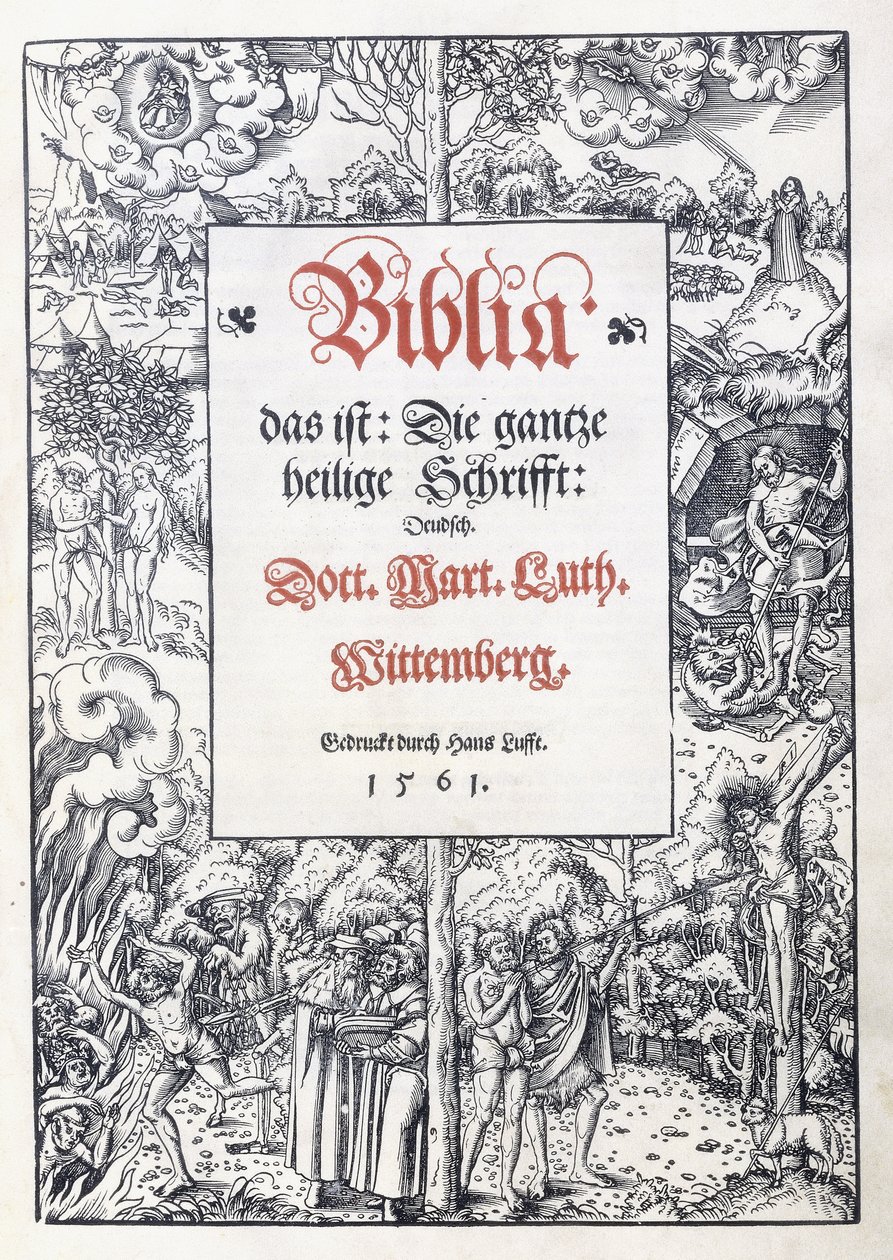 Strona tytułowa, z delikatną bordiurą obrazkową z „Biblia, das ist: Całe pismo święte: niemiecki”, przekład Marcina Lutra, 1560-1561 autorstwa Lucas the Younger Cranach