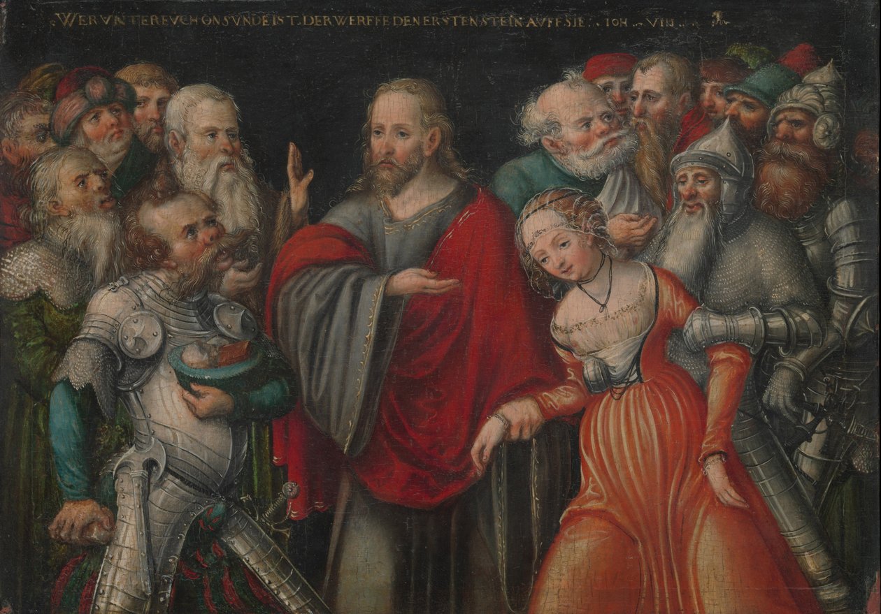 Chrystus i cudzołożnica, ok. 1545-50 (olej na buku) autorstwa Lucas the Younger studio of Cranach