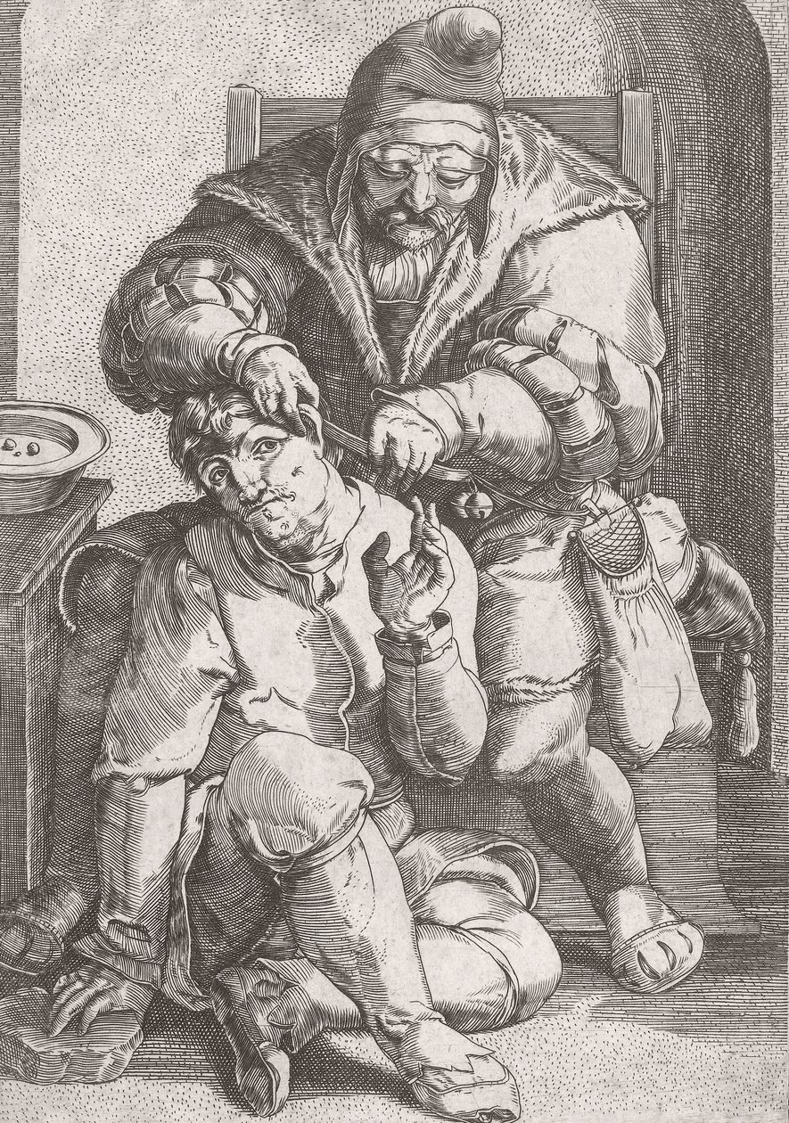 XVII-wieczny cyrulik opiekujący się uchem pacjenta. autorstwa Lucas van (after) Leyden