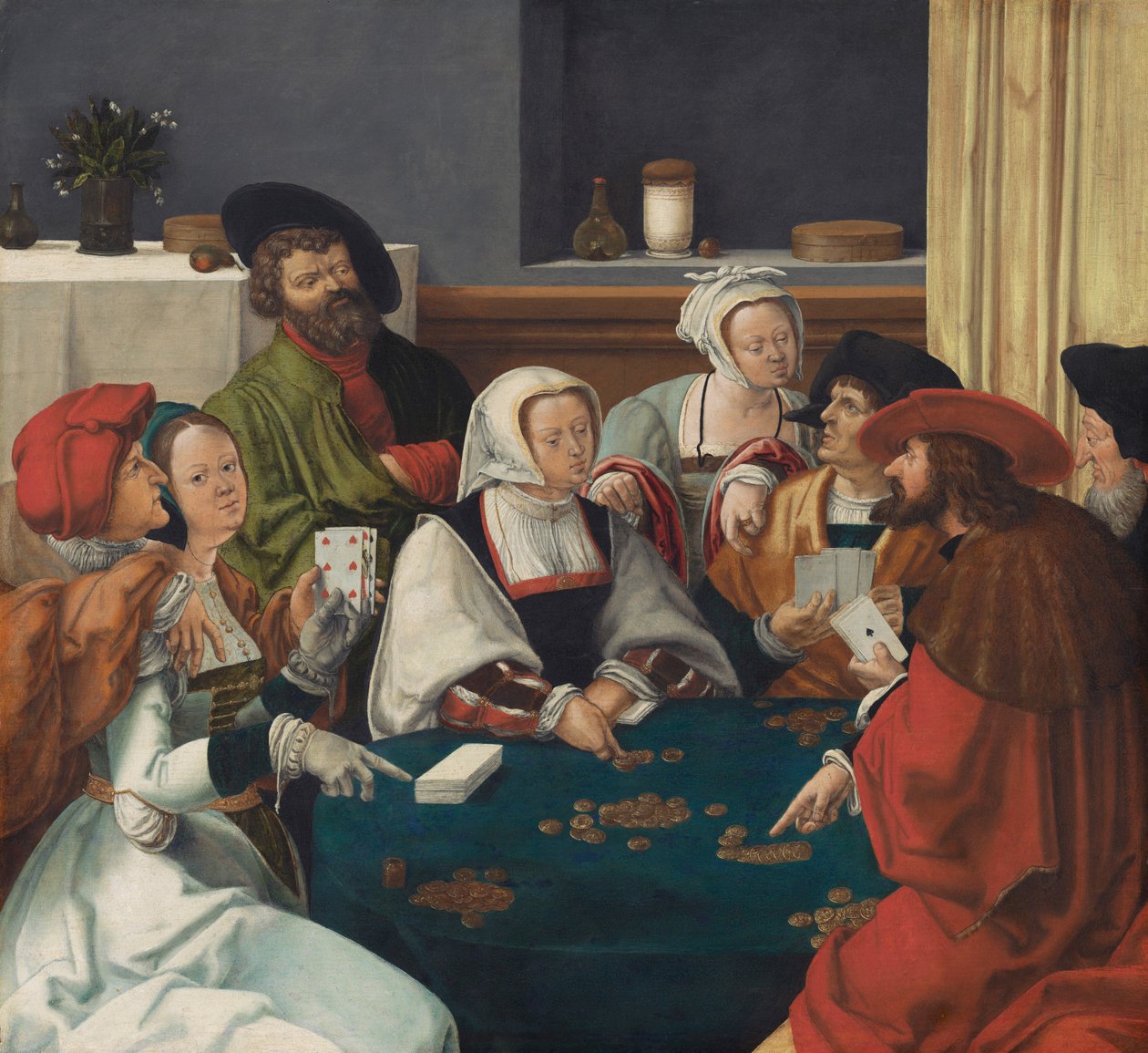 Gracze w karty, prawdopodobnie ok. 1550-99 (olej na płótnie) autorstwa Lucas van (after) Leyden