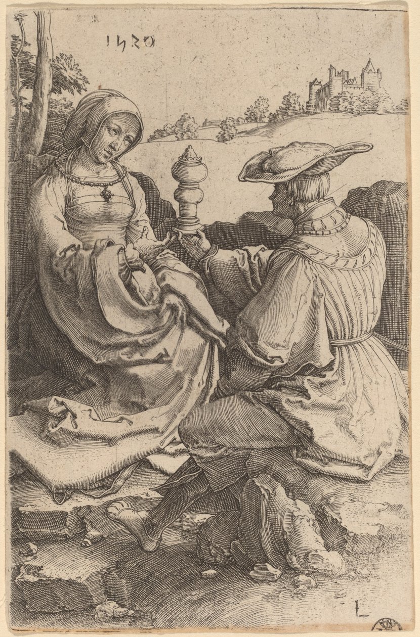 Szlachcic i dama siedzący w krajobrazie autorstwa Lucas van Leyden