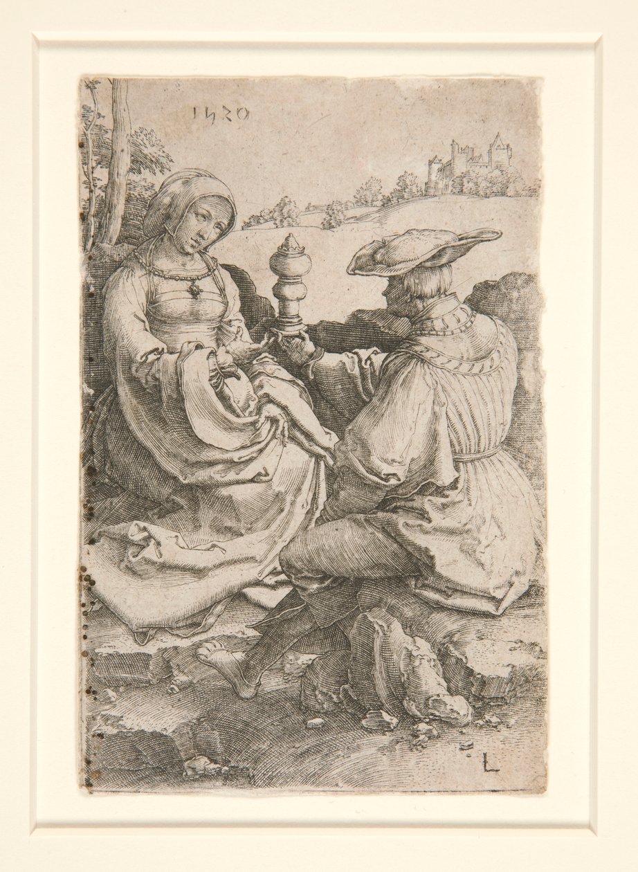 Szlachcic i dama siedzący w krajobrazie autorstwa Lucas van Leyden