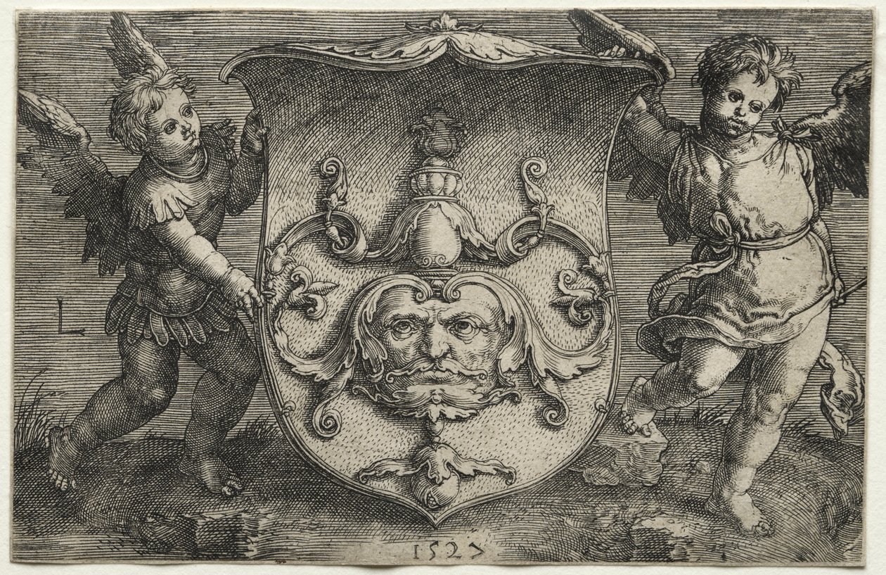 Tarcza nosząca maskę wspierana przez dwóch Genii autorstwa Lucas van Leyden