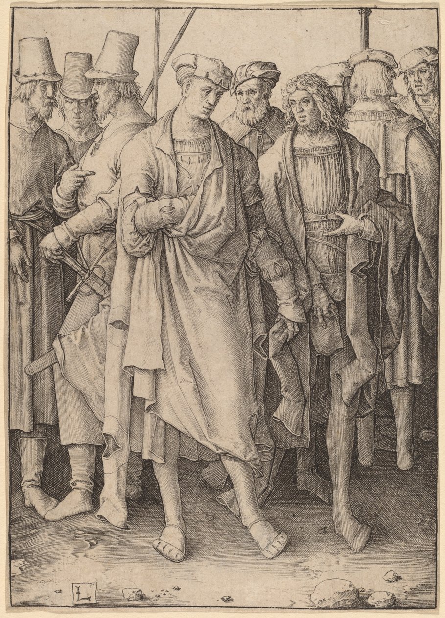 Młody mężczyzna z ośmioma uzbrojonymi mężczyznami autorstwa Lucas van Leyden