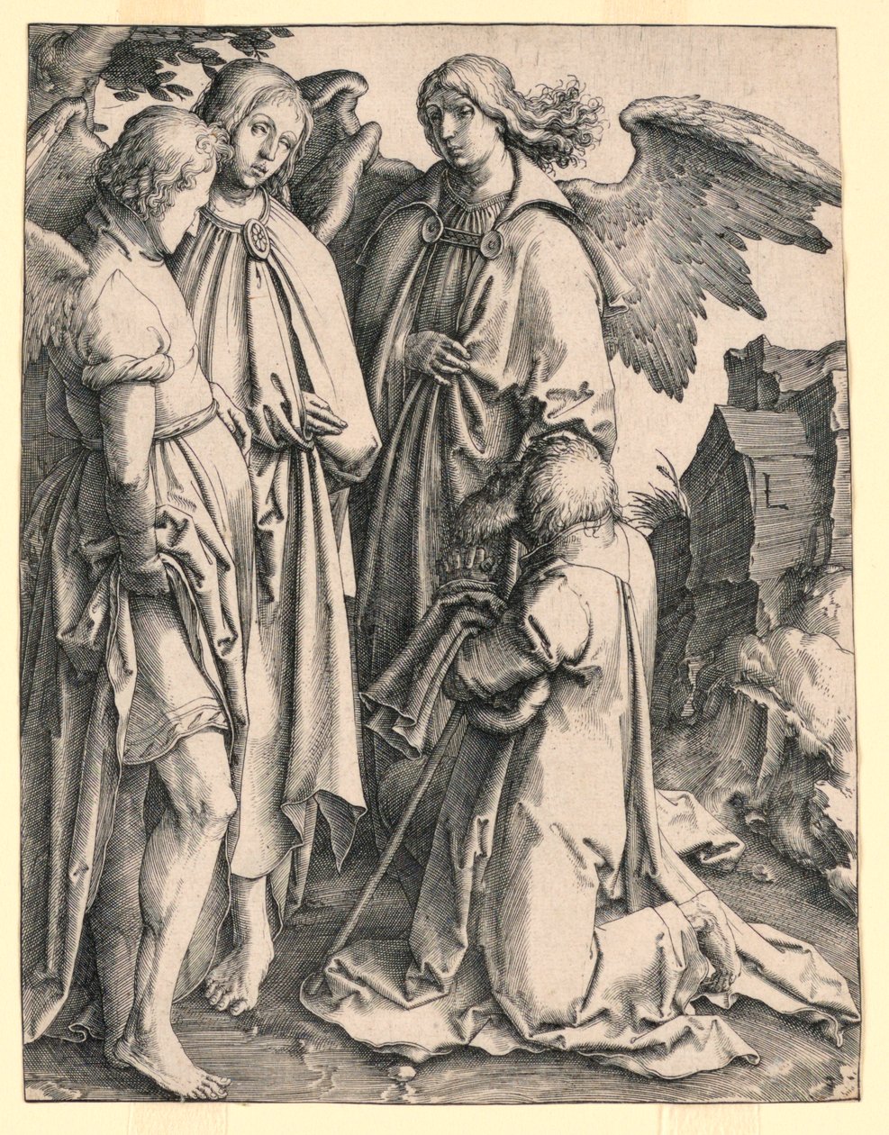 Abraham i trzej aniołowie autorstwa Lucas van Leyden