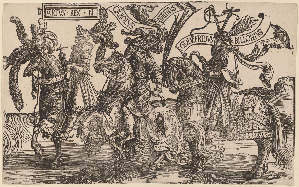 Artur, Karol Wielki (Charlemagne), Godfry z Bouillon autorstwa Lucas van Leyden