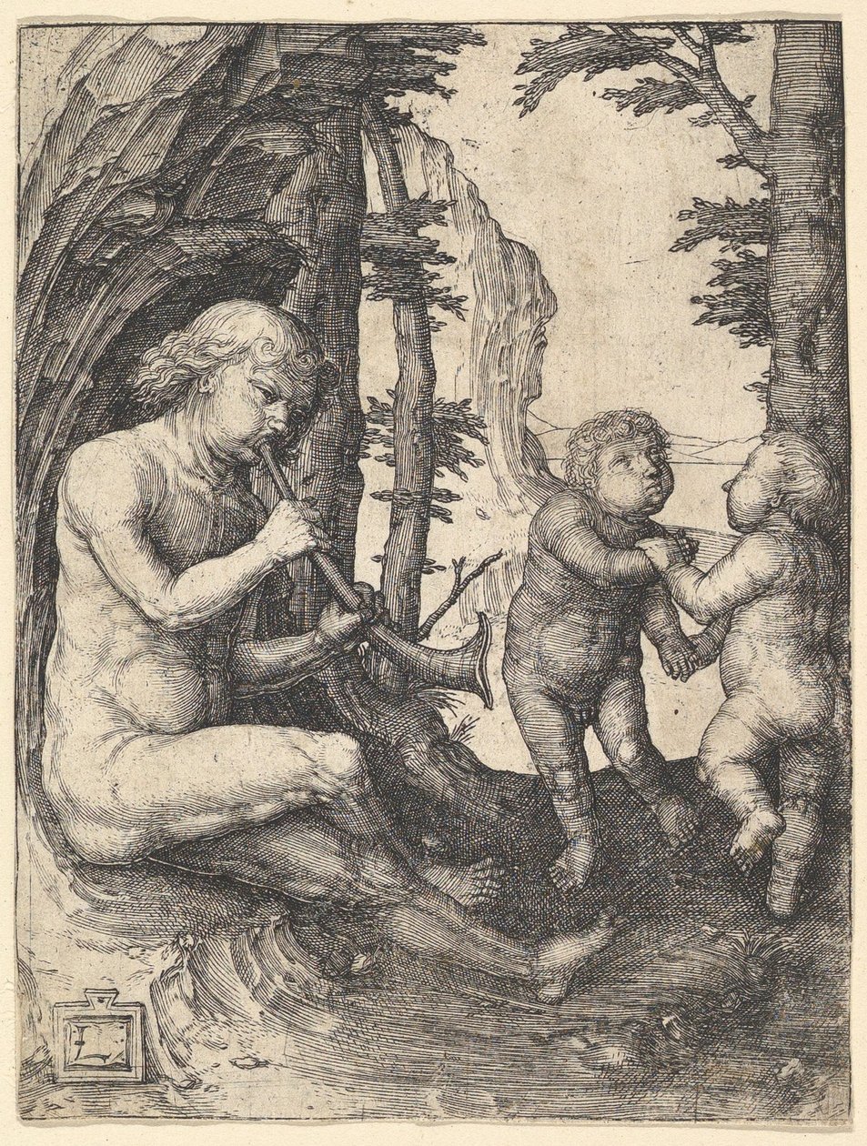 Chłopiec z trąbką, ca. 1507. autorstwa Lucas van Leyden