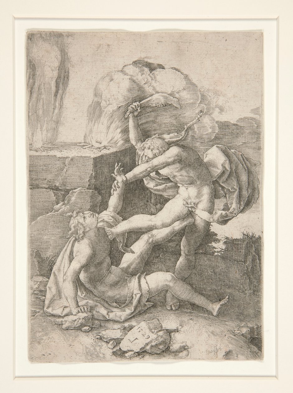 Kain zabija Abla, z Historii Adama i Ewy autorstwa Lucas van Leyden