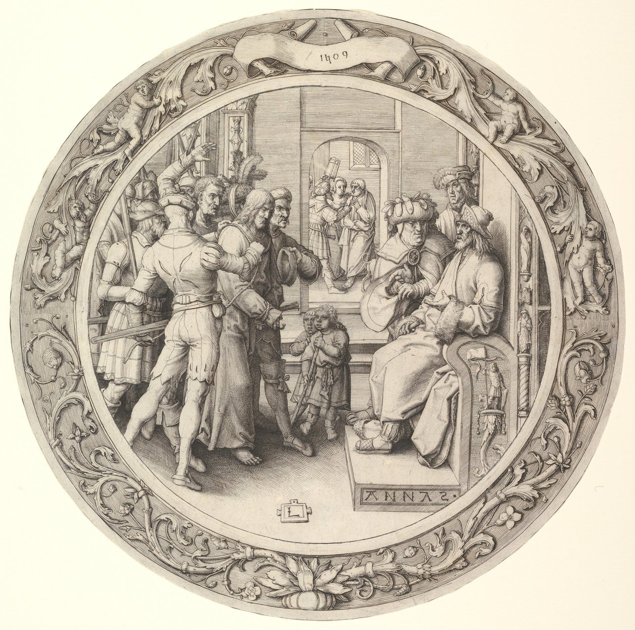 Chrystus przed Annaszem, z Męki Pańskiej, 1509. autorstwa Lucas van Leyden