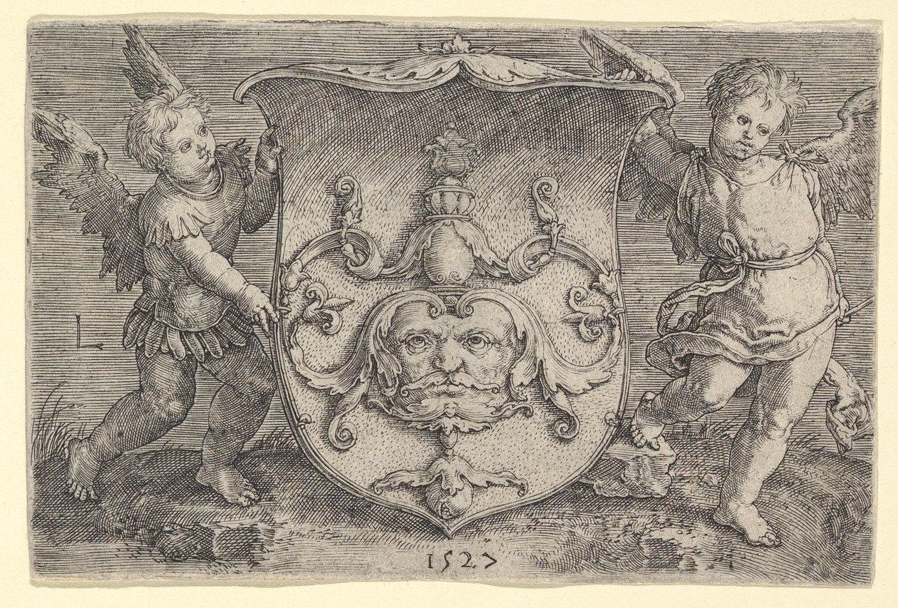 Herb z maską, trzymany przez dwóch Genii, 1527. autorstwa Lucas van Leyden