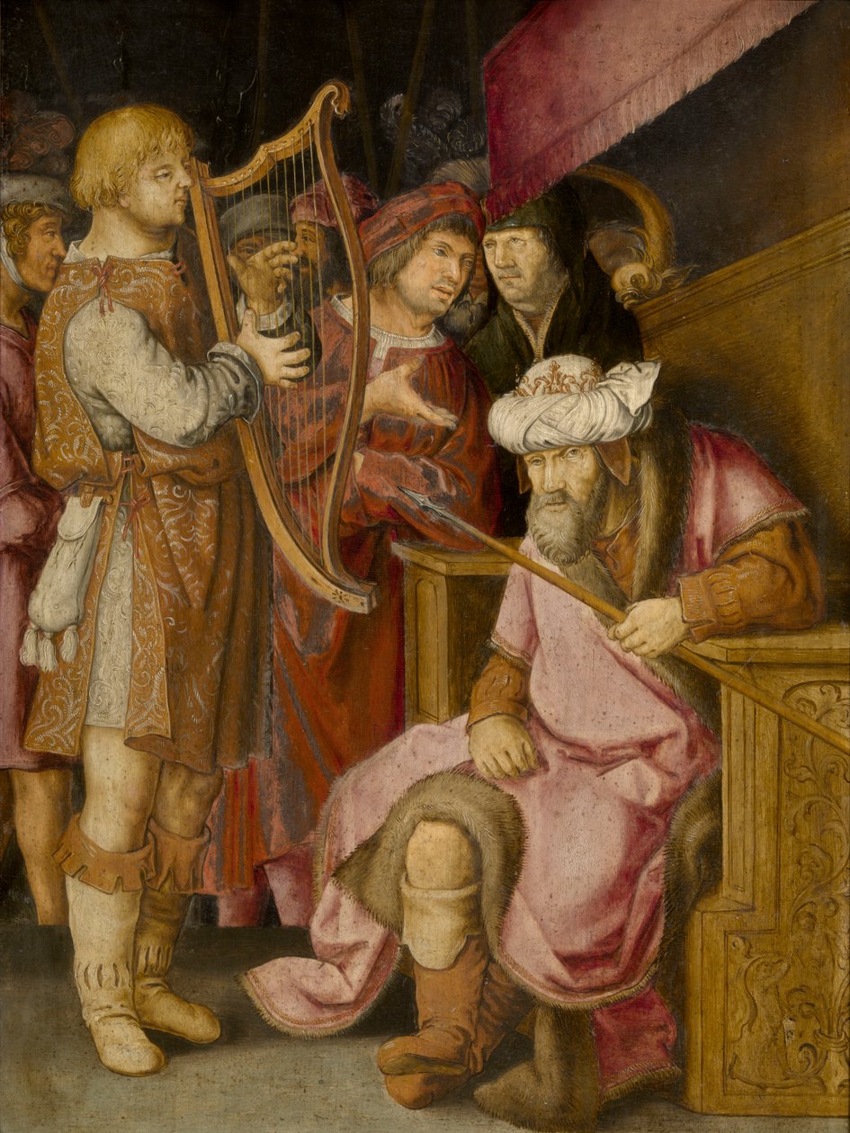 Dawid gra na harfie dla Saula autorstwa Lucas van Leyden