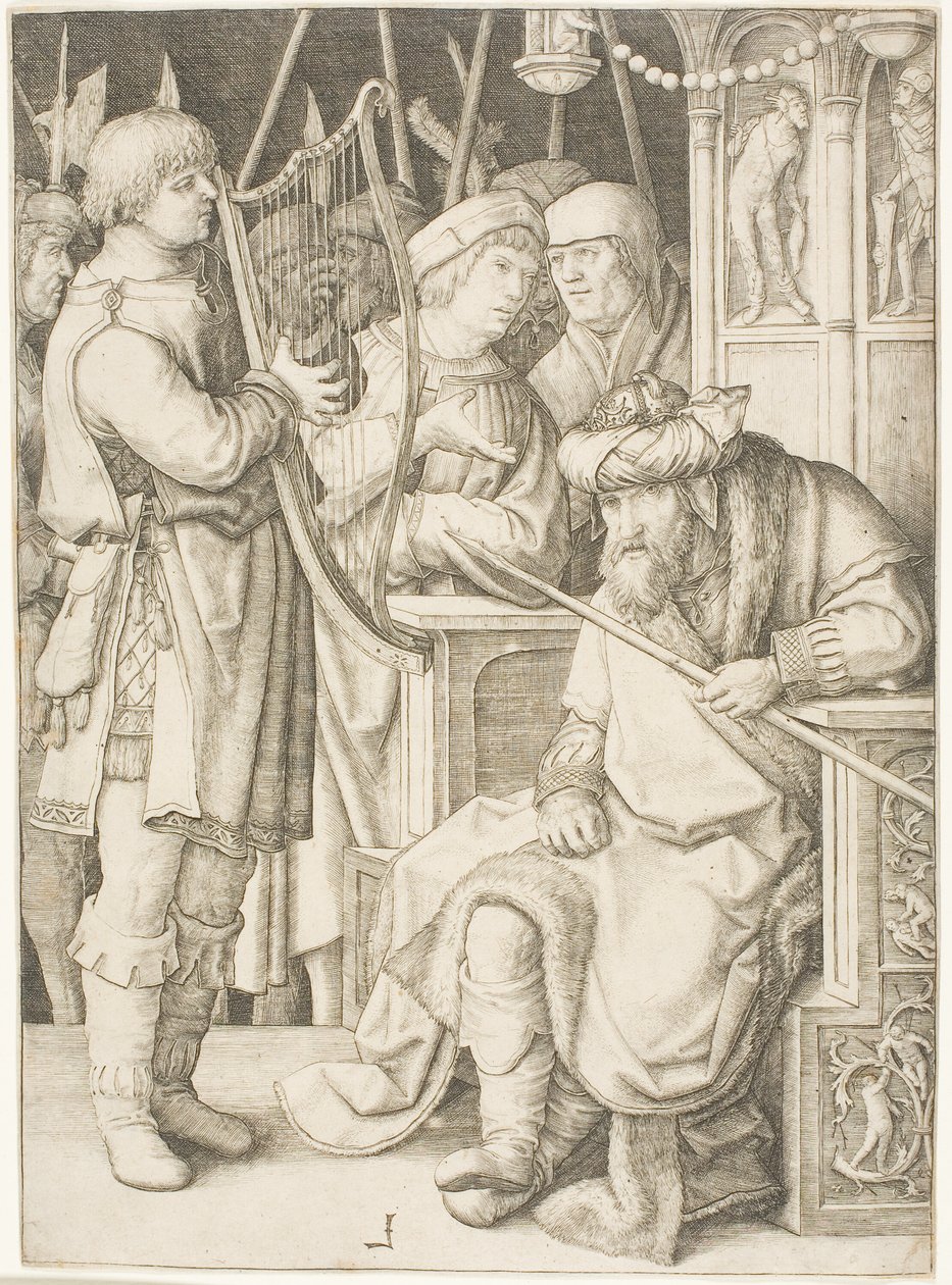 Dawid gra na harfie przed Saulem autorstwa Lucas van Leyden