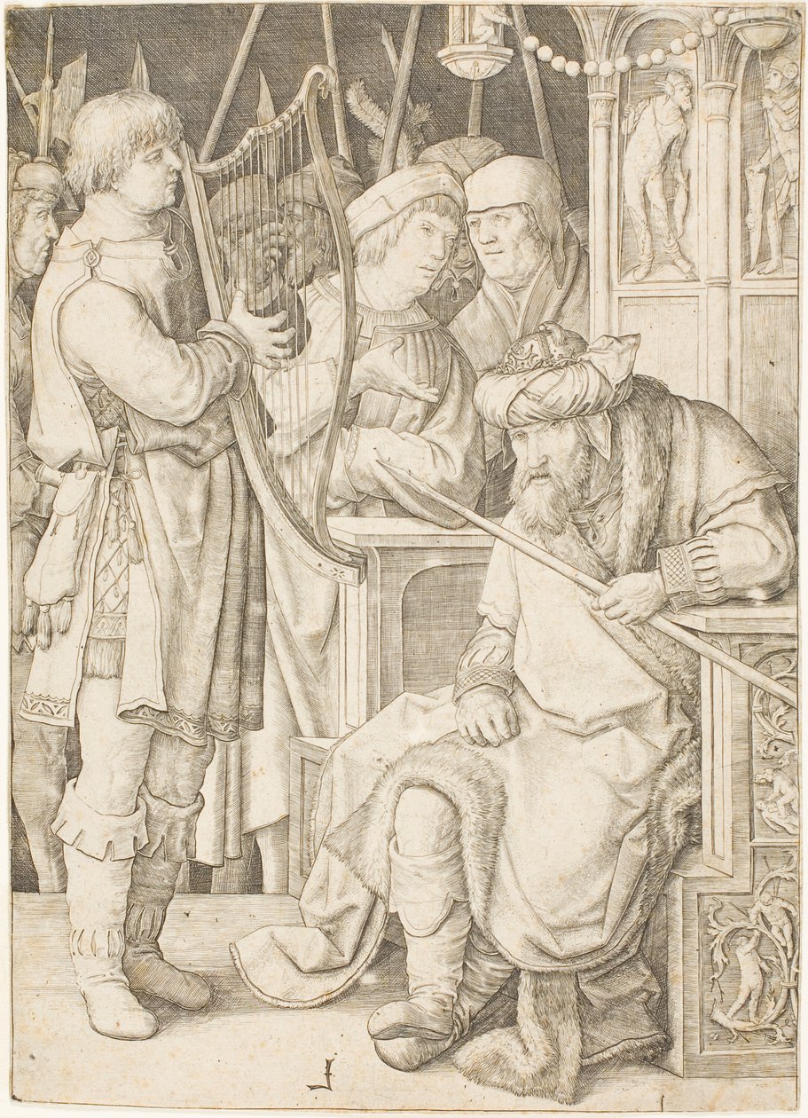 Dawid gra na harfie przed Saulem autorstwa Lucas van Leyden