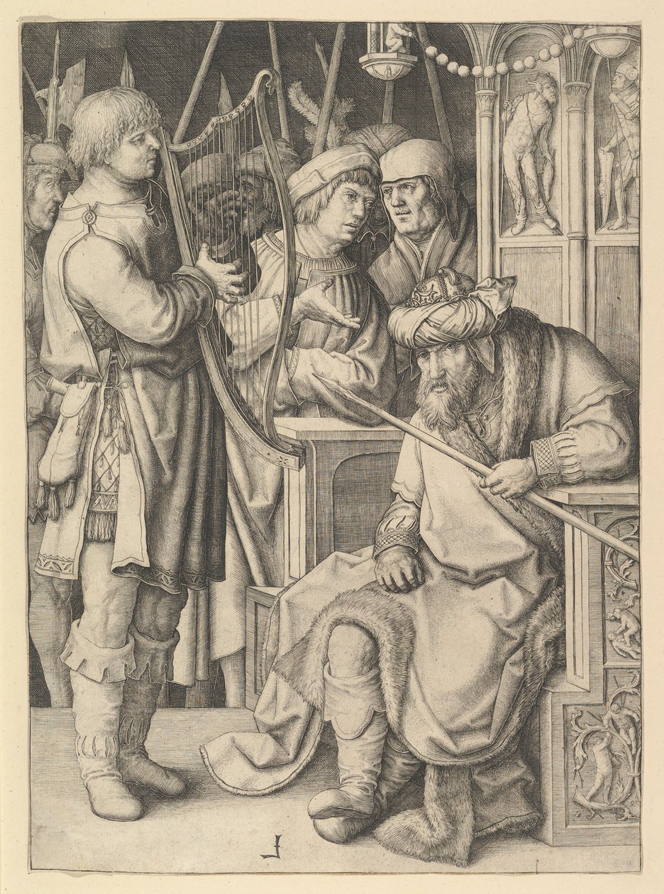 Dawid grający na harfie przed Saulem autorstwa Lucas van Leyden