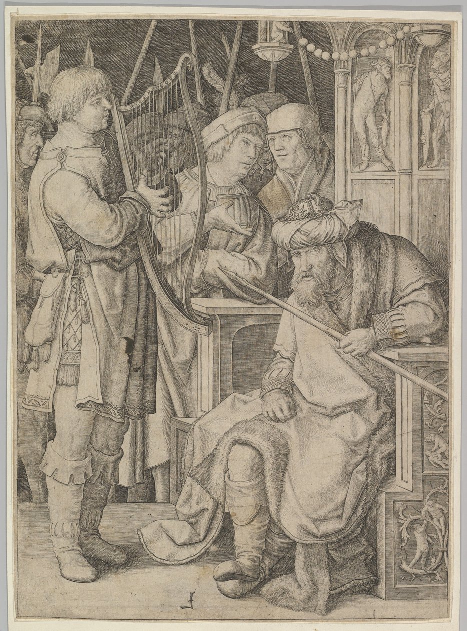 Dawid grający na harfie przed Saulem autorstwa Lucas van Leyden