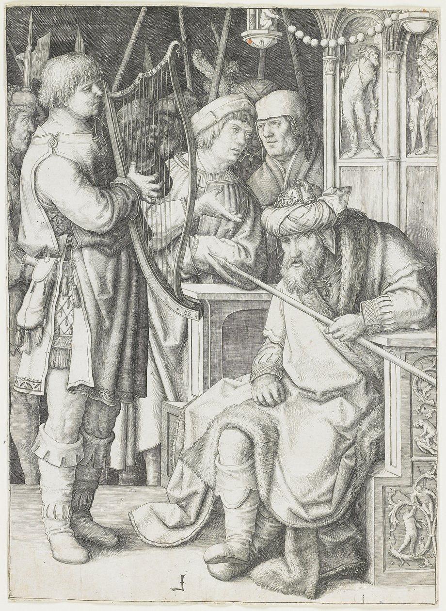 Dawid grający na harfie przed Saulem, ok. 1508 r. autorstwa Lucas van Leyden