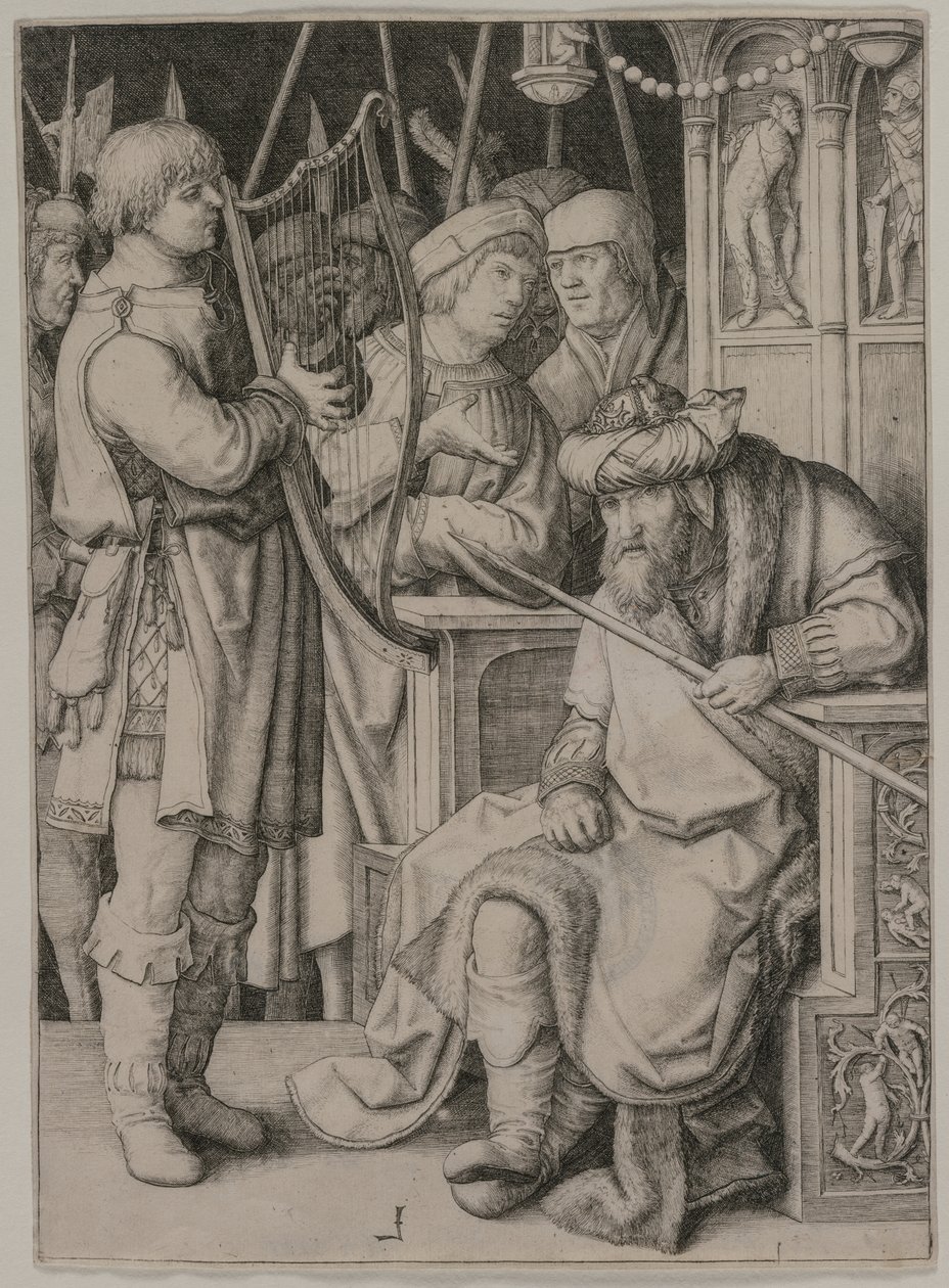 Dawid grający na harfie przed Saulem, c. 1508. autorstwa Lucas van Leyden