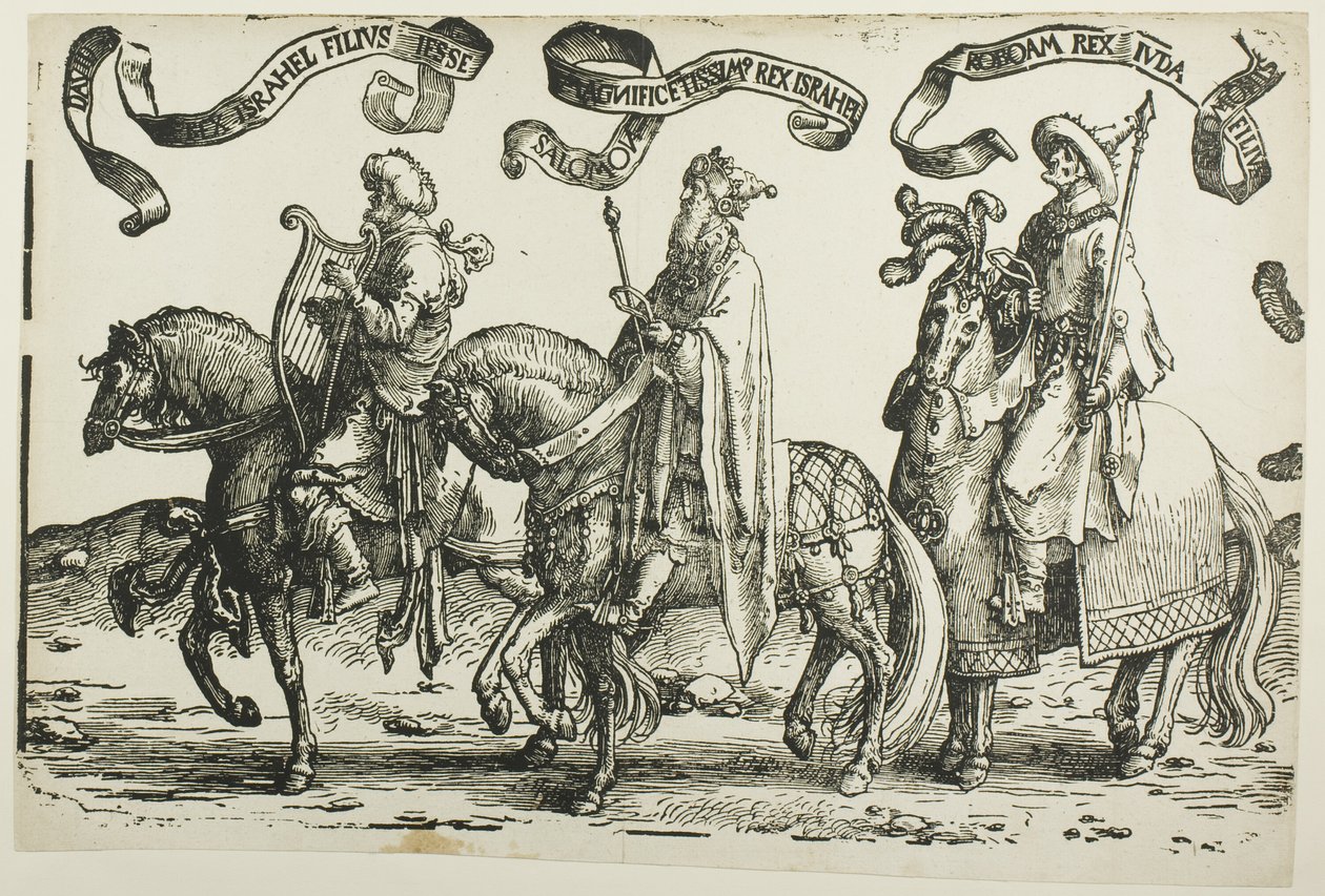 Dawid, Salomon, Roboam, płyta pierwsza, z „Dwunastu królów Izraela”. autorstwa Lucas van Leyden