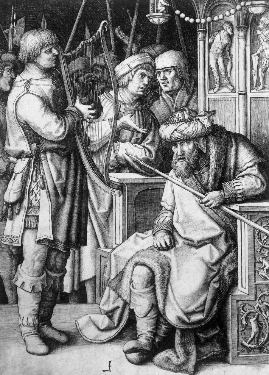 Dawid grający na harfie przed królem Saulem, ok. 1508 r., Lucas van Leyden (ok. 1494-1533), rycina autorstwa Lucas van Leyden